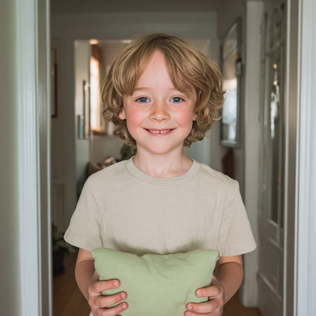 Un niño sonriente sujetando una almohada verde | Fuente: Midjourney