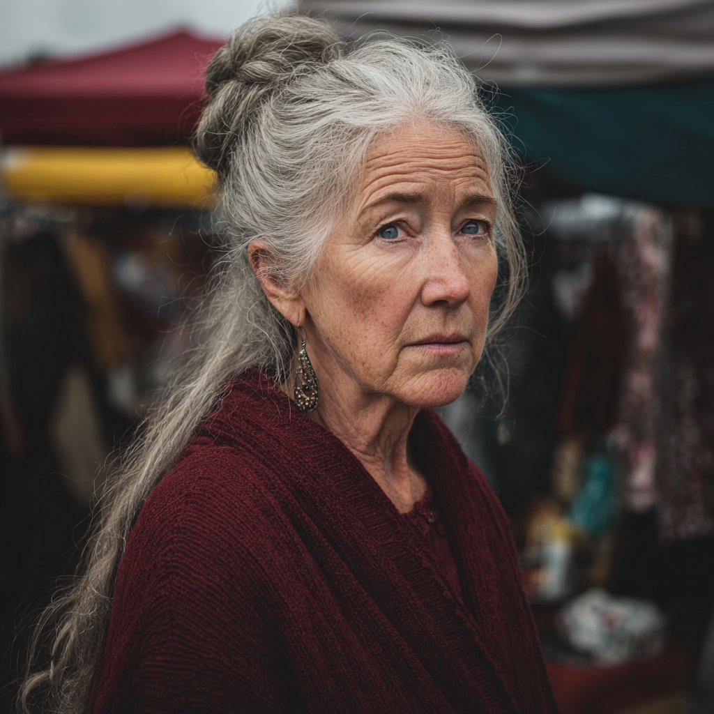 Una anciana con una rebeca granate | Fuente: Midjourney