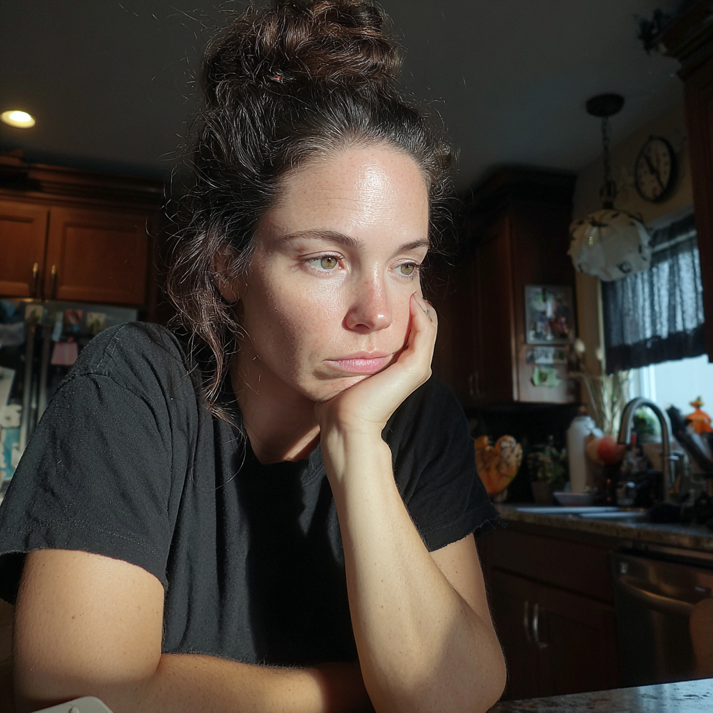 Una mujer sentada a la mesa de la cocina | Fuente: Midjourney