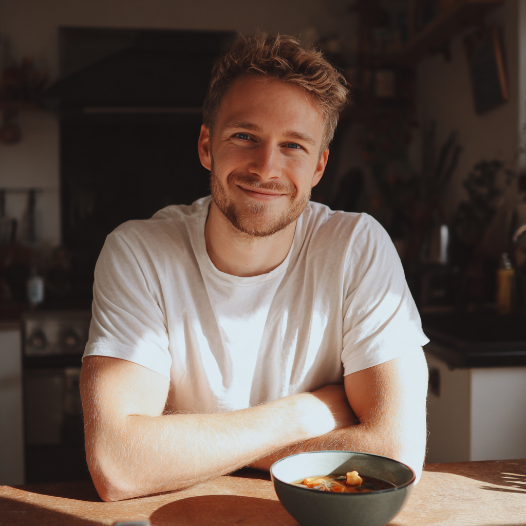 Un hombre sonriente con un plato de sopa | Fuente: Midjourney