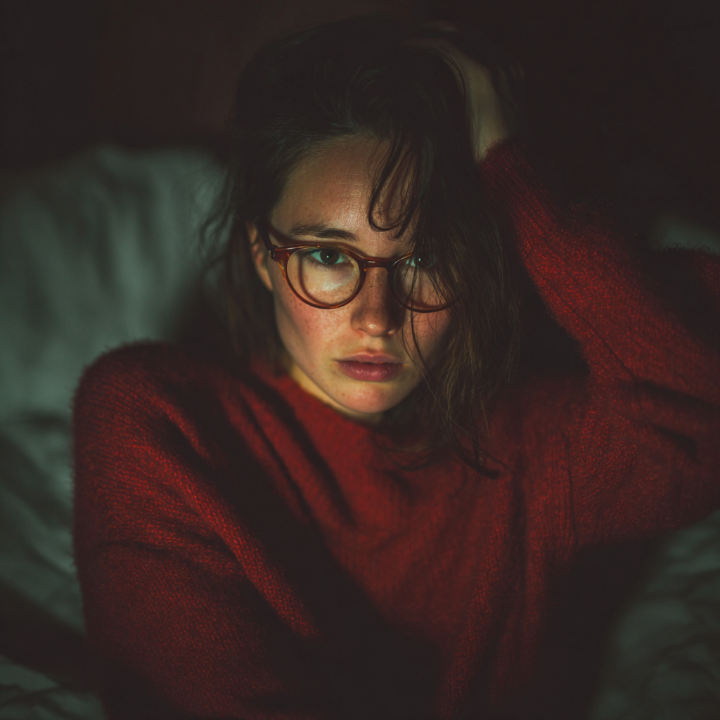 Una mujer sentada en su cama y sujetándose la cabeza | Fuente: Midjourney