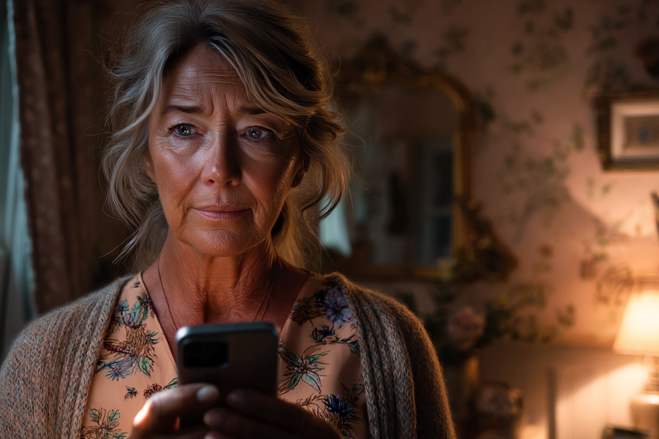 Una mujer mayor sosteniendo su teléfono | Fuente: Midjourney
