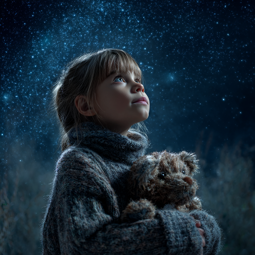 Una niña curiosa mirando al cielo estrellado mientras sostiene su osito de peluche | Fuente: Midjourney