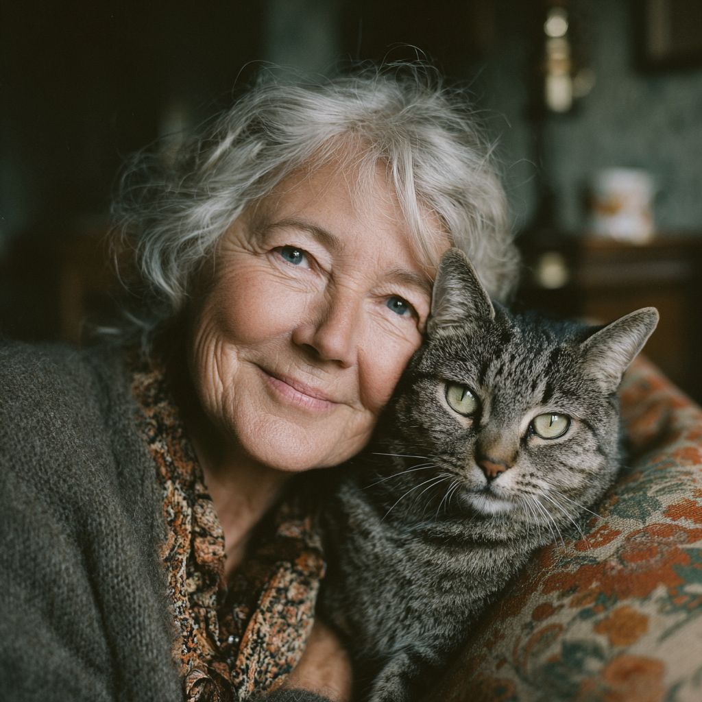 Una mujer feliz con su gato | Fuente: Midjourney