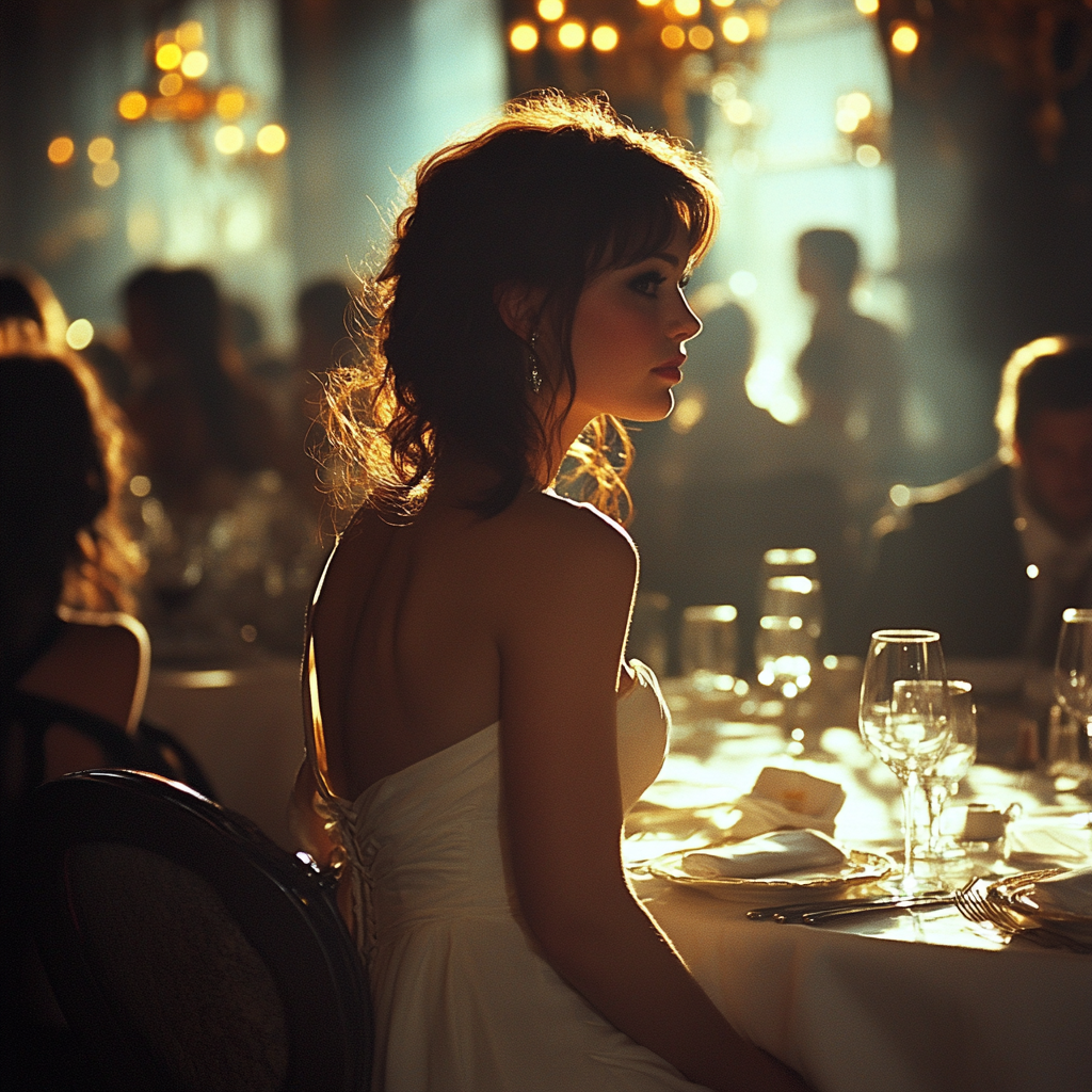 Mujer vestida tomando asiento en un restaurante elegante | Fuente: Midjourney