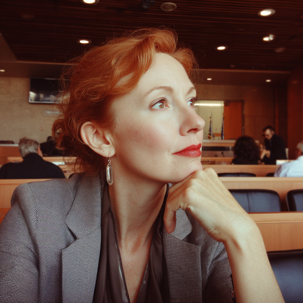 Una mujer engreída con un traje pantalón gris | Fuente: Midjourney