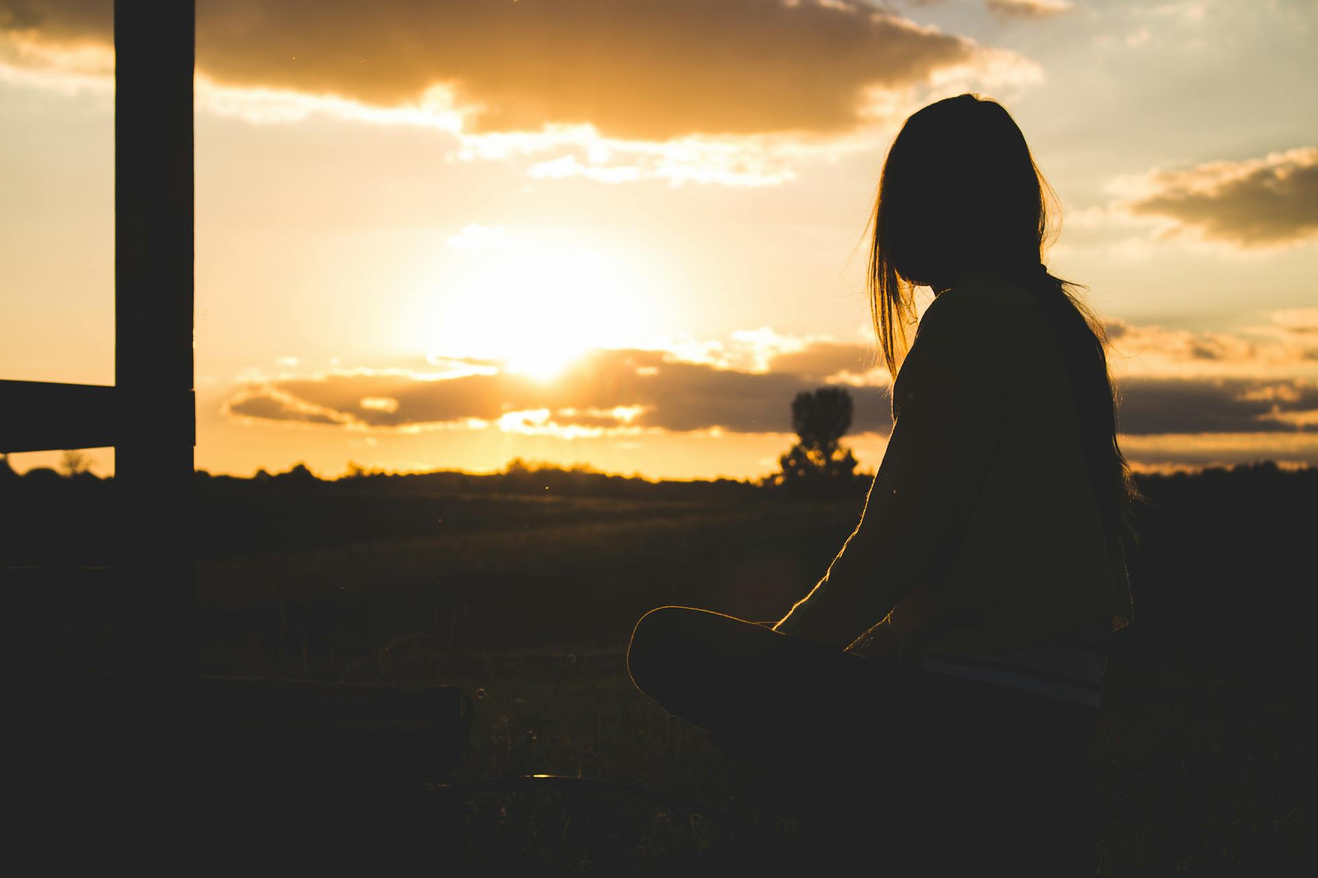 Silueta de una mujer sentada al aire libre durante la hora dorada | Fuente: Pexels