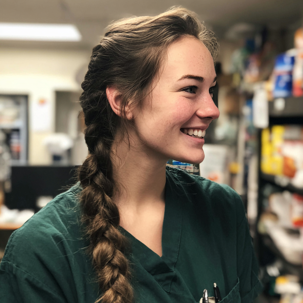 Una enfermera sonriente de pie en un despacho | Fuente: Midjourney