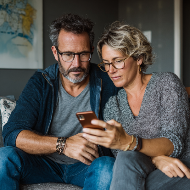 Una pareja mirando algo en un teléfono | Fuente: Midjourney