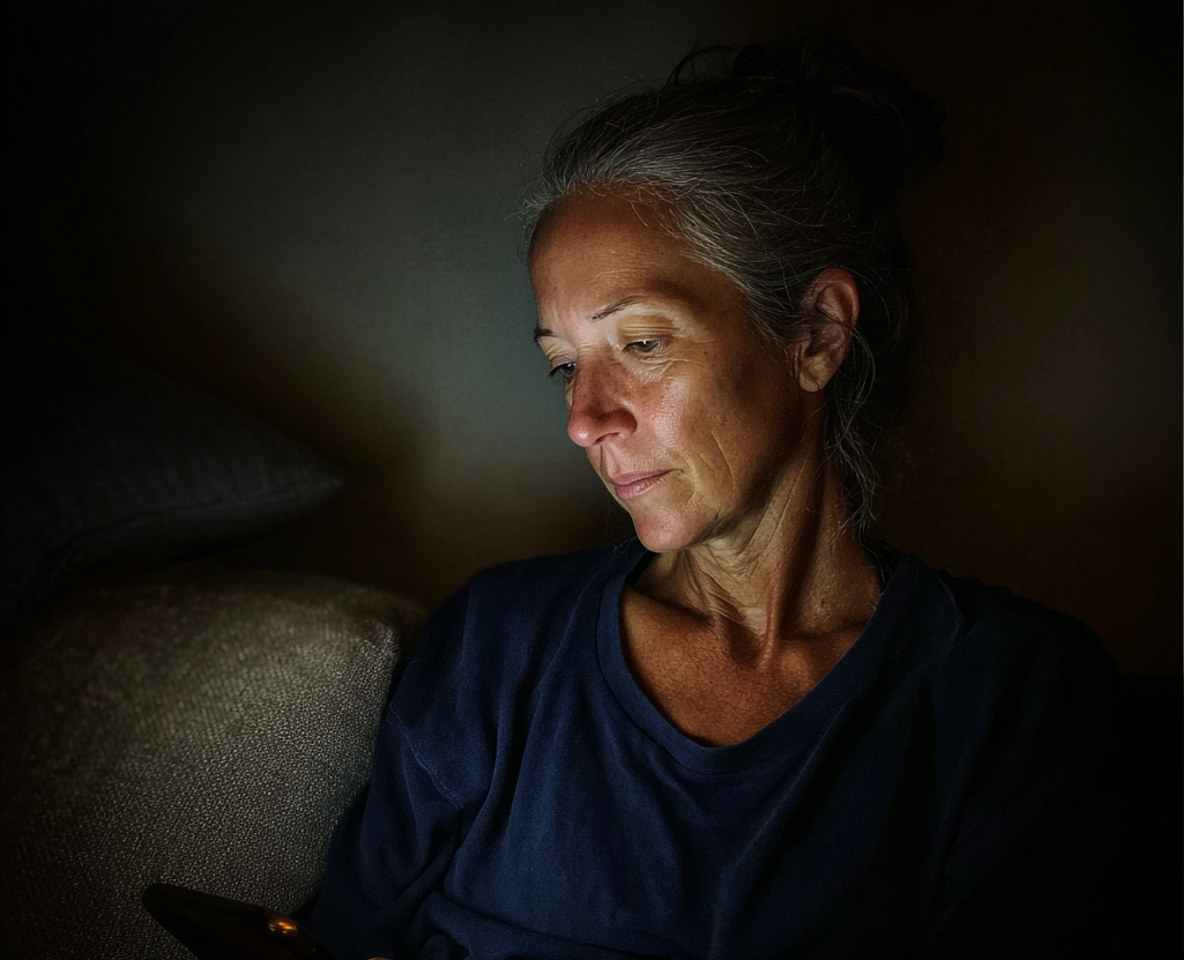 Una mujer mayor utilizando su teléfono por la noche | Fuente: Midjourney