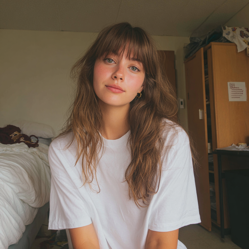 Una joven sentada en un dormitorio | Fuente: Midjourney