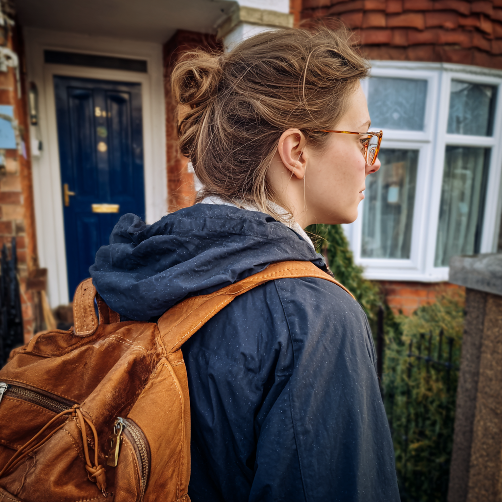 Una mujer delante de una casa con una mochila | Fuente: Midjourney