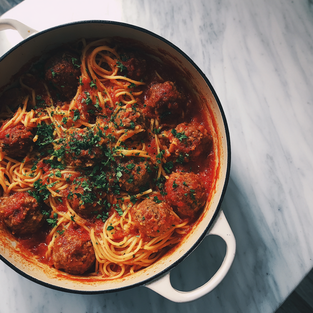 Una olla de espaguetis con albóndigas | Fuente: Midjourney