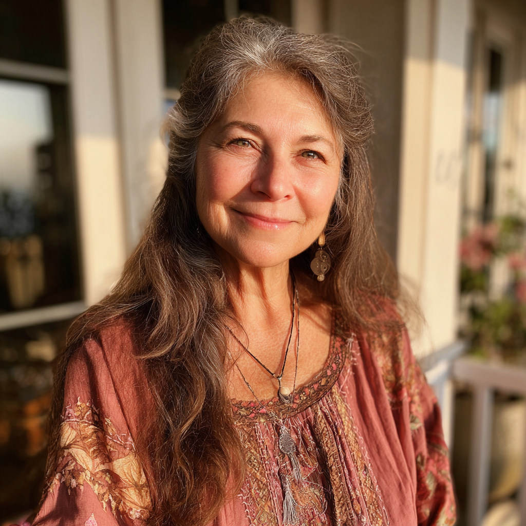 Una mujer mayor sonriente de pie en un porche | Fuente: Midjourney