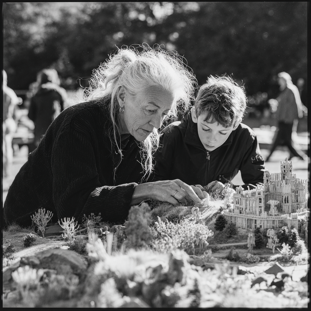 Una abuela jugando en la arena con su nieto | Fuente: Midjourney