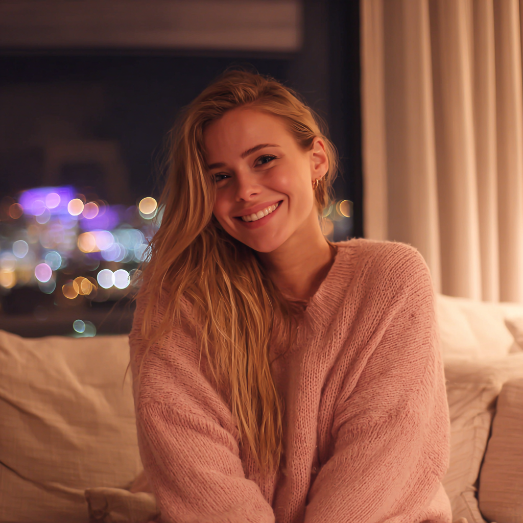Una joven sonriente sentada en un sofá | Fuente: Midjourney