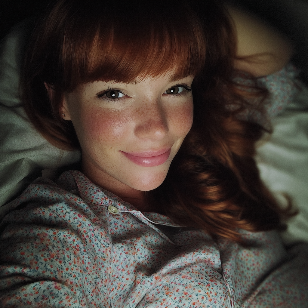 Una mujer embarazada sonriente tumbada en la cama | Fuente: Midjourney