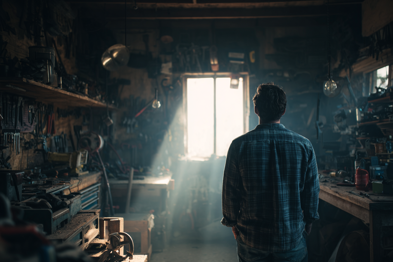 Un hombre en el taller de su padre | Fuente: Midjourney
