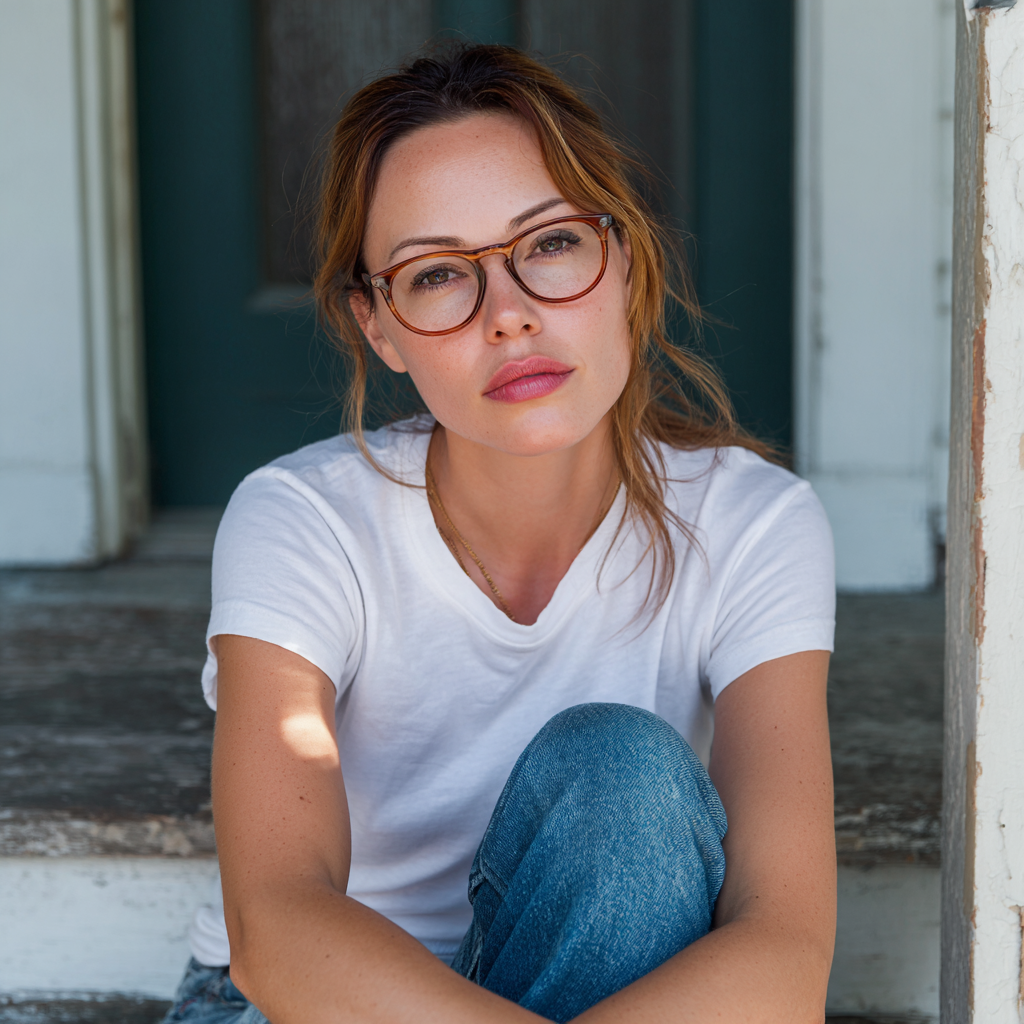Una mujer sentada en el escalón de un porche | Fuente: Midjourney