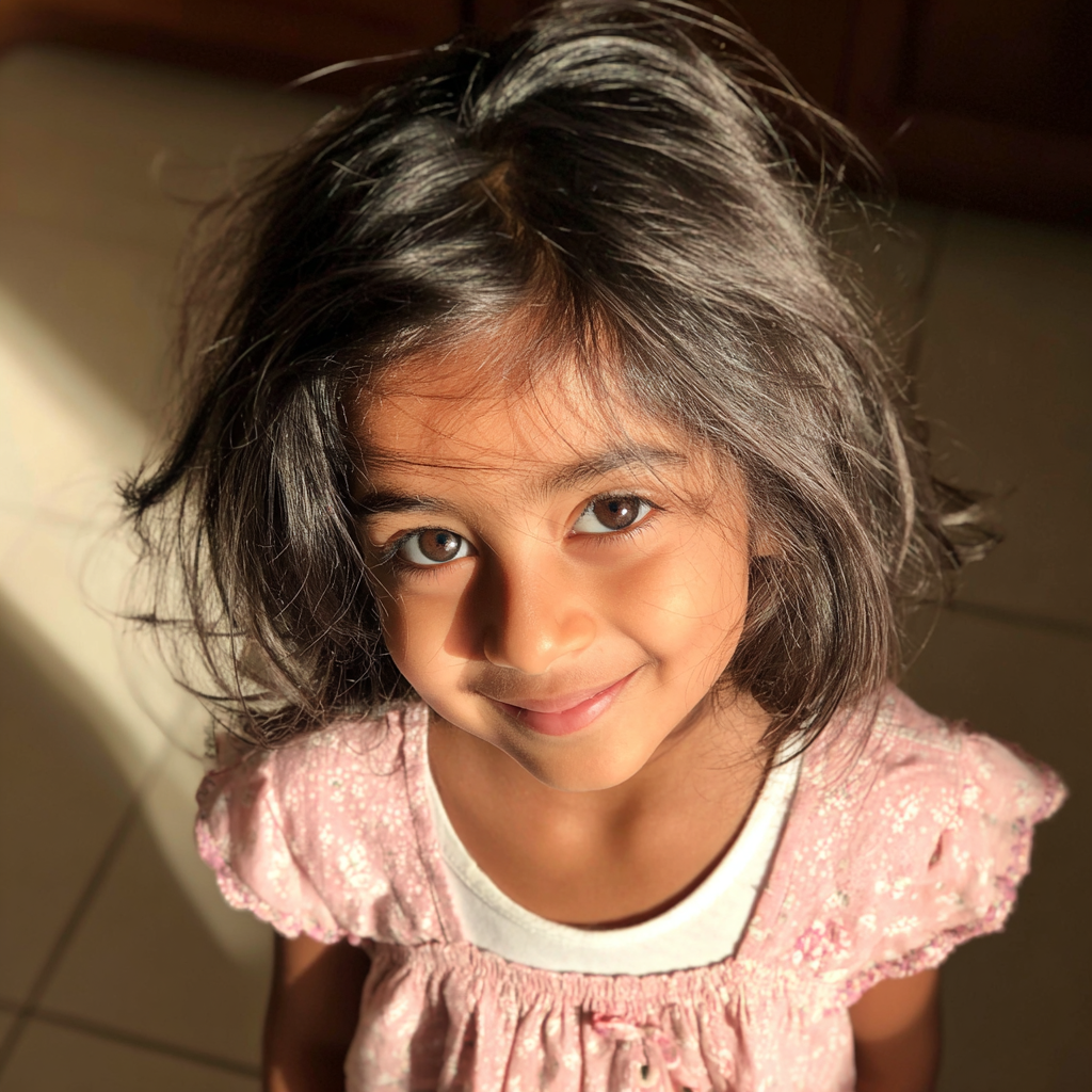 Una niña sonriente con el pelo revuelto | Fuente: Midjourney