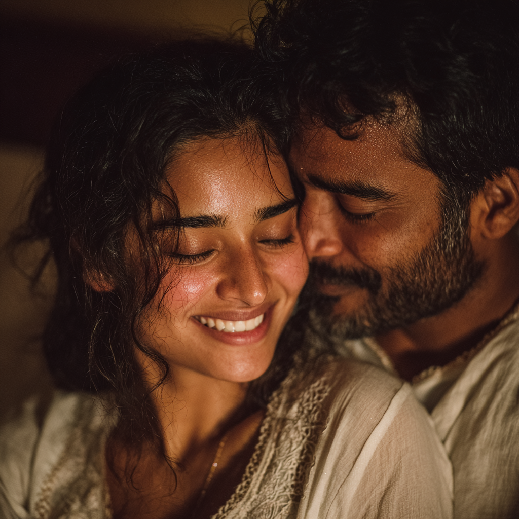 Una pareja feliz abrazándose | Fuente: Midjourney