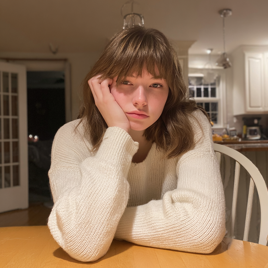 Una adolescente sentada a la mesa del comedor | Fuente: Midjourney