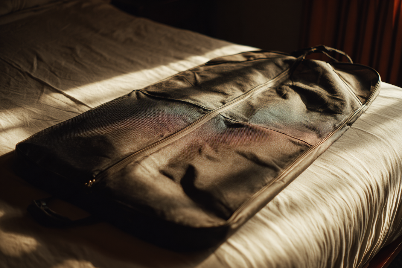 Un portatrajes negro sobre una cama | Fuente: Midjourney