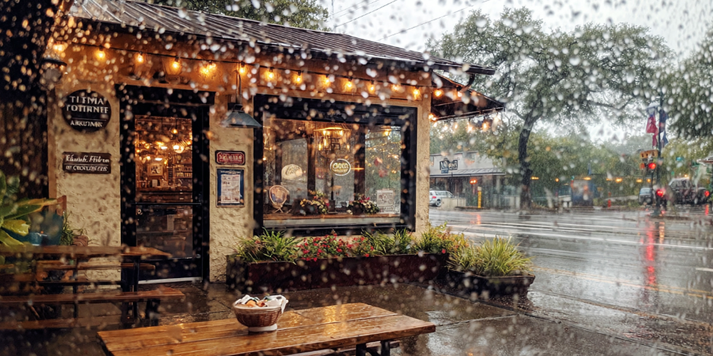 Una cafetería bajo la lluvia torrencial | Fuente: The Celebritist