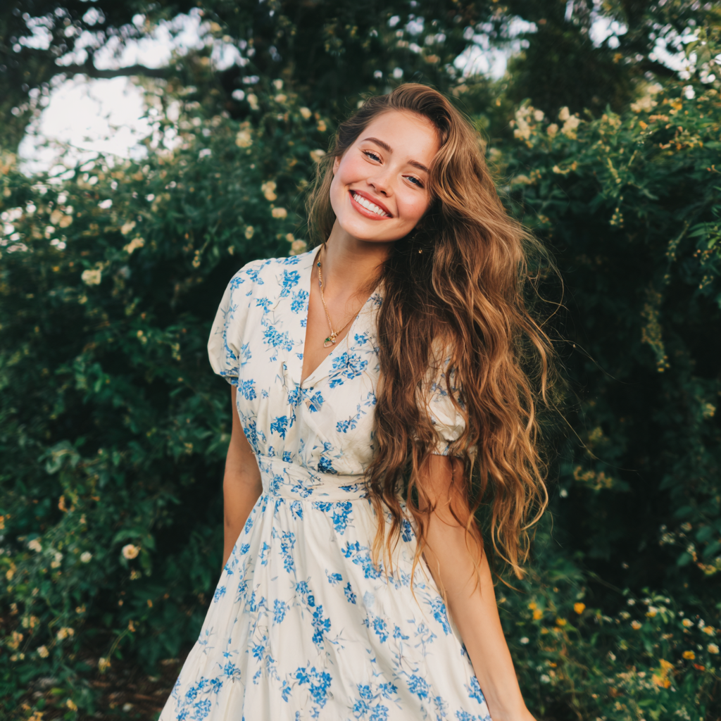 Una mujer sonriente con un vestido blanco | Fuente: Midjourney