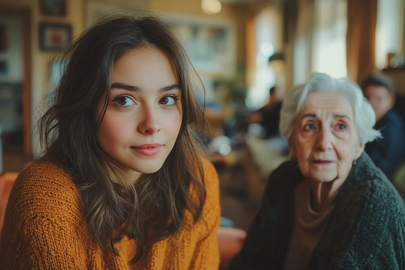 Mujer hablando con su tía abuela | Fuente: Midjourney