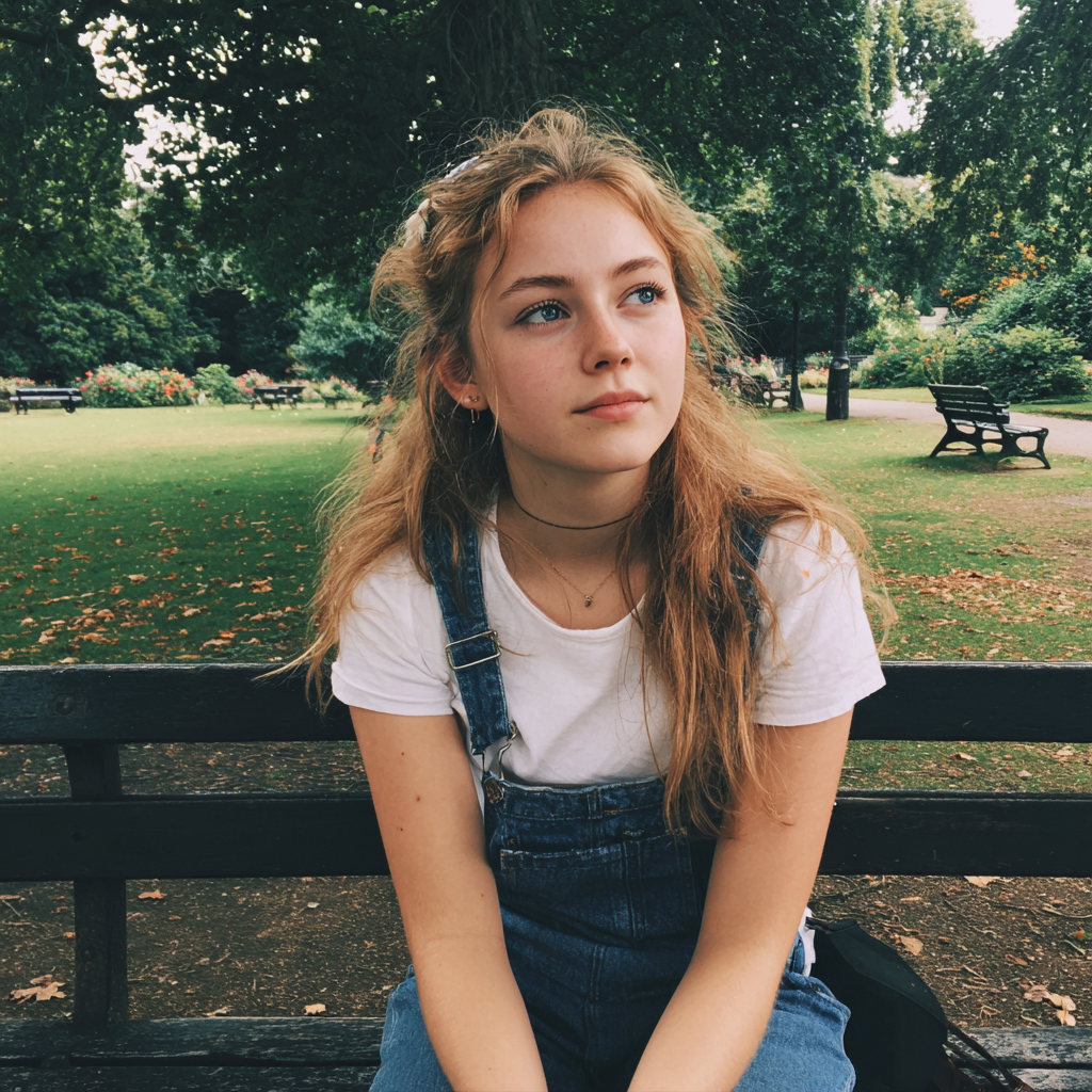 Una adolescente sentada en un banco del parque | Fuente: Midjourney