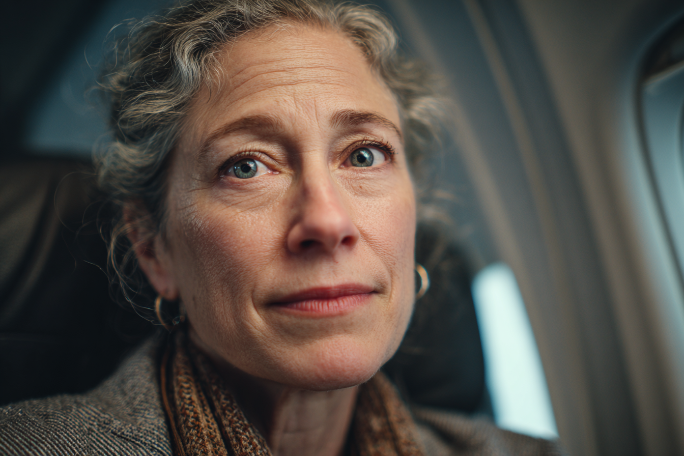 Una mujer mayor sentada en un avión | Fuente: Midjourney