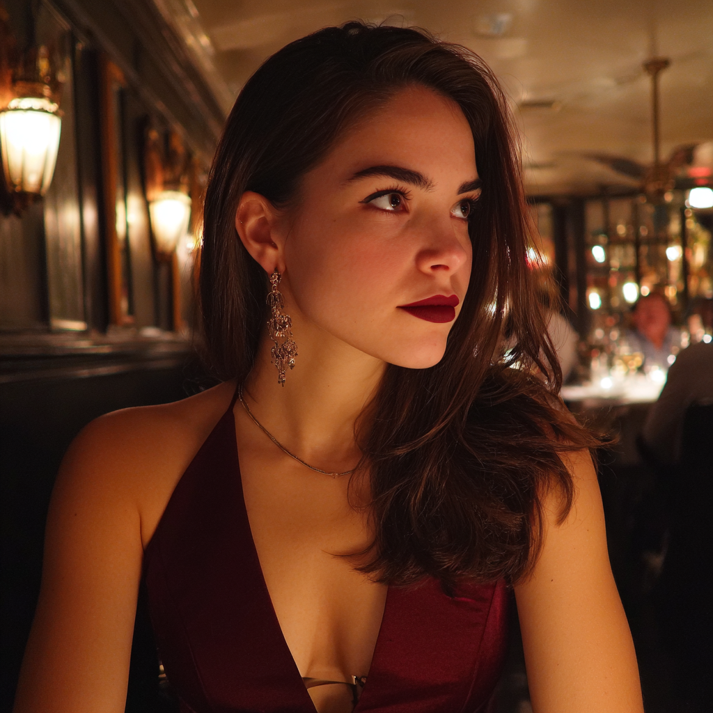 Una mujer enfadada con un vestido granate | Fuente: Midjourney