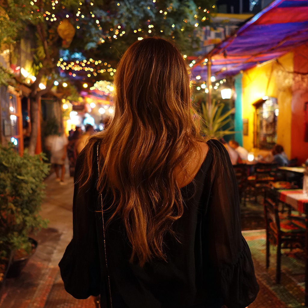 Una mujer saliendo de un restaurante | Fuente: Midjourney
