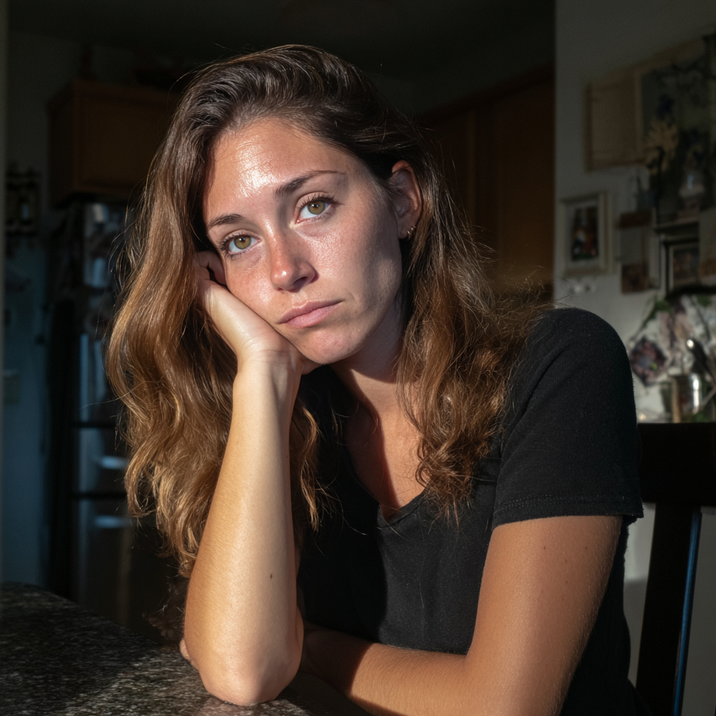 Una mujer emocionada sentada a la mesa | Fuente: Midjourney