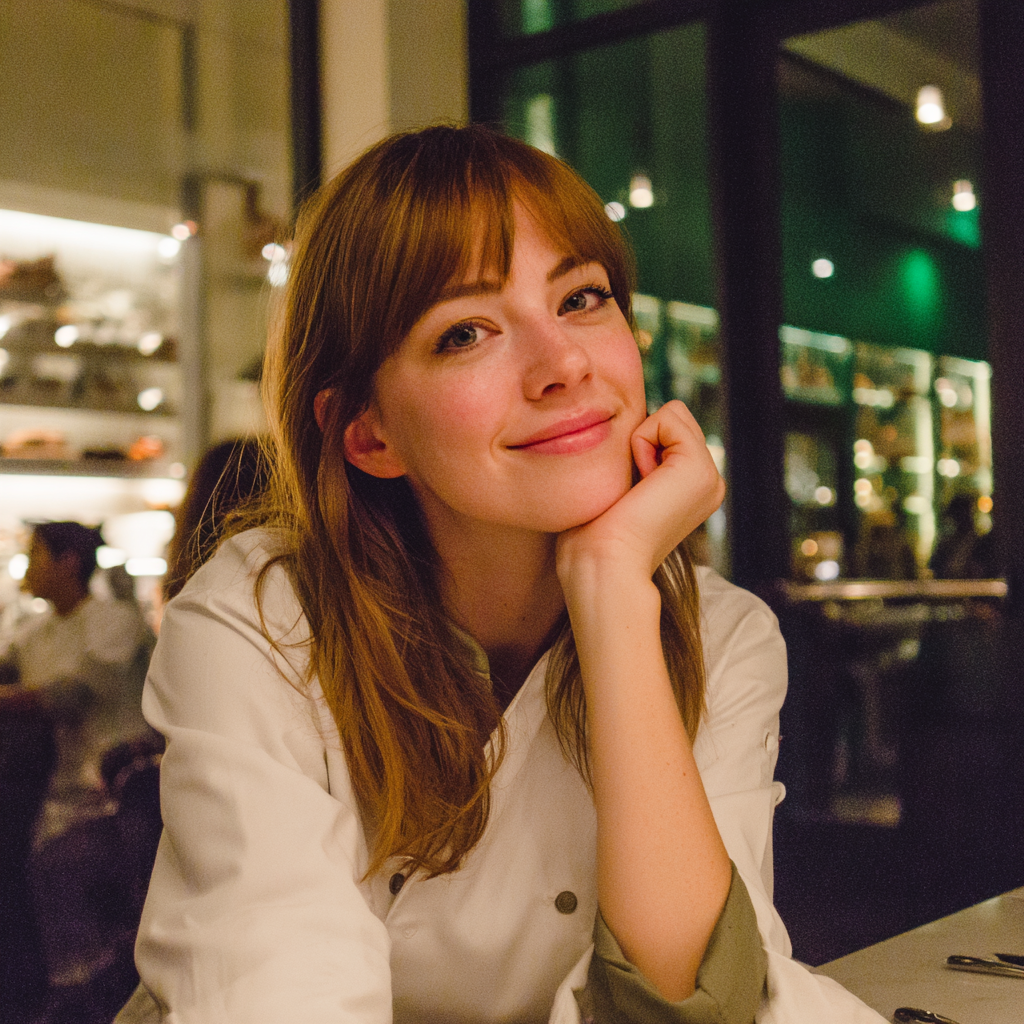 Una mujer sonriente sentada a una mesa | Fuente: Midjourney