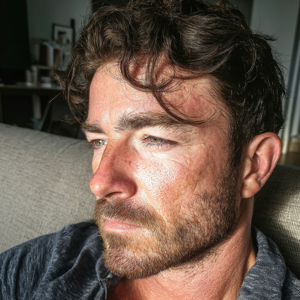 Primer plano de un hombre sentado en un sofá | Fuente: Midjourney