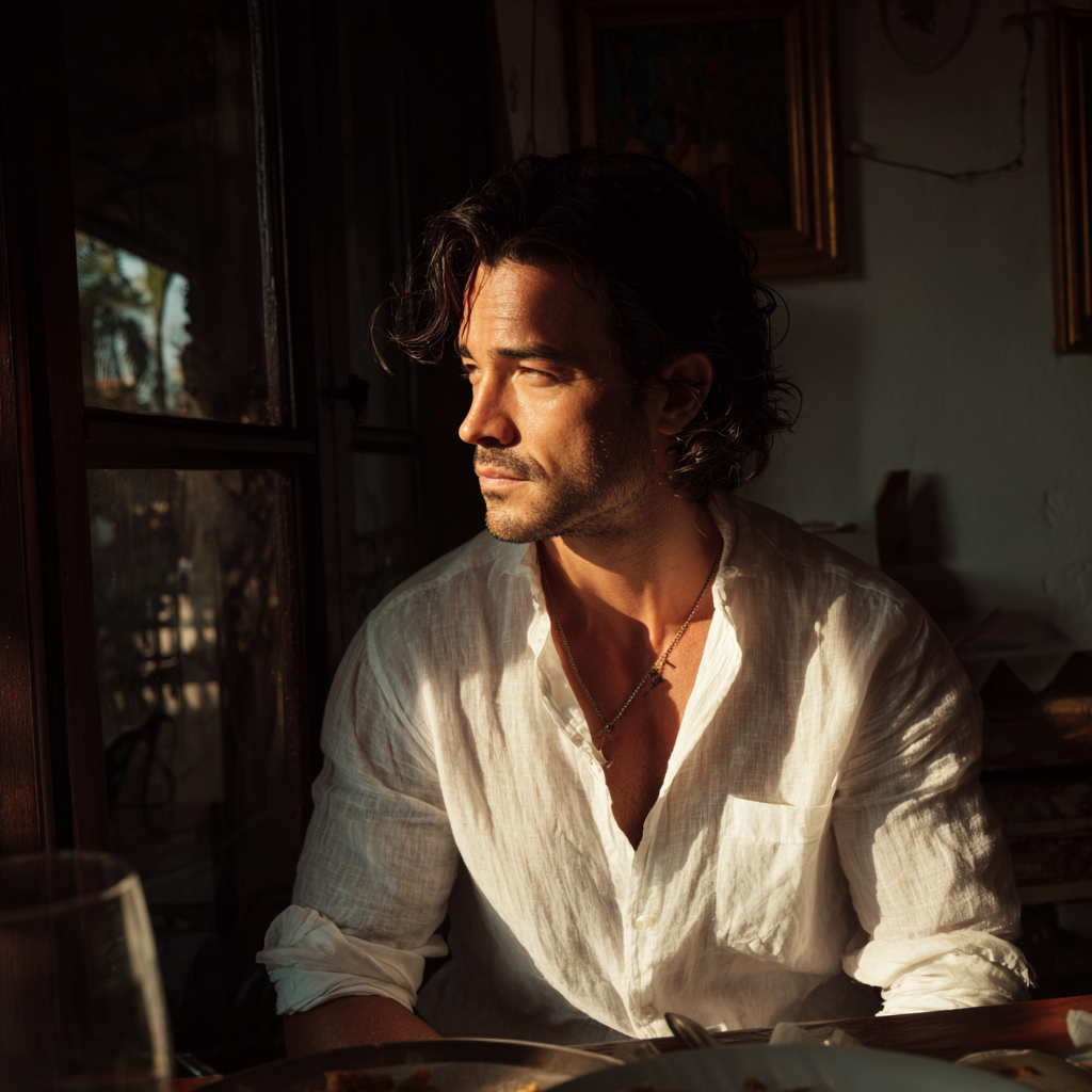 Un hombre pensativo sentado a una mesa | Fuente: Midjourney