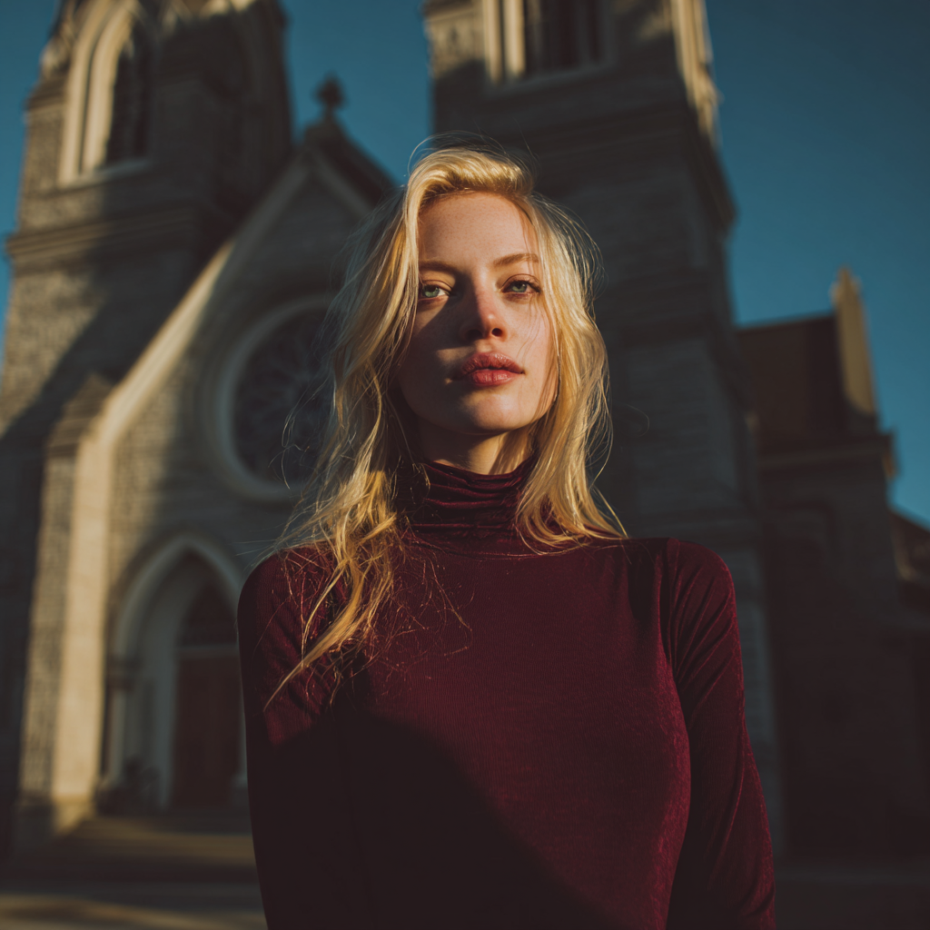 Una mujer cansada frente a una iglesia | Fuente: Midjourney