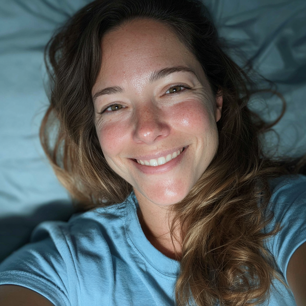 Una mujer sonriendo en la cama | Fuente: Midjourney