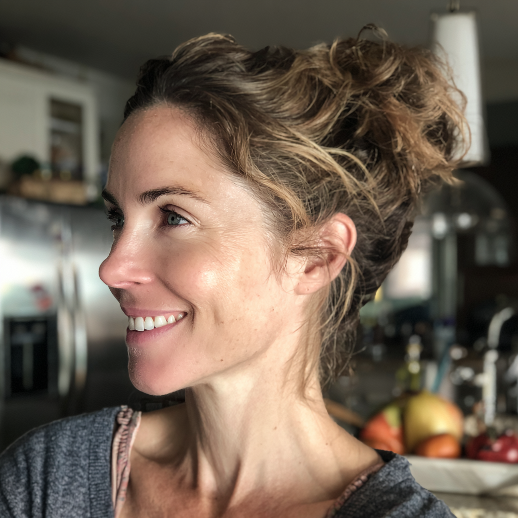 Una mujer sonriente de pie en una cocina | Fuente: Midjourney