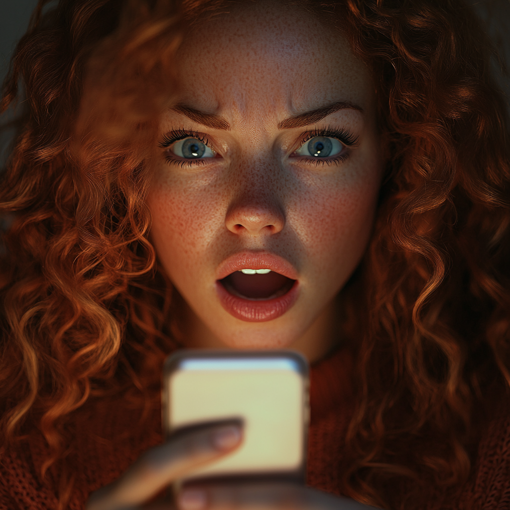 Una mujer conmocionada sujetando su teléfono | Fuente: Midjourney