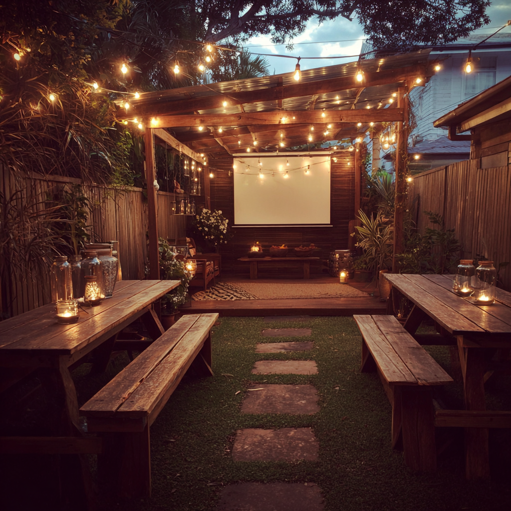 Un patio trasero con un proyector y luces de hadas | Fuente: Midjourney
