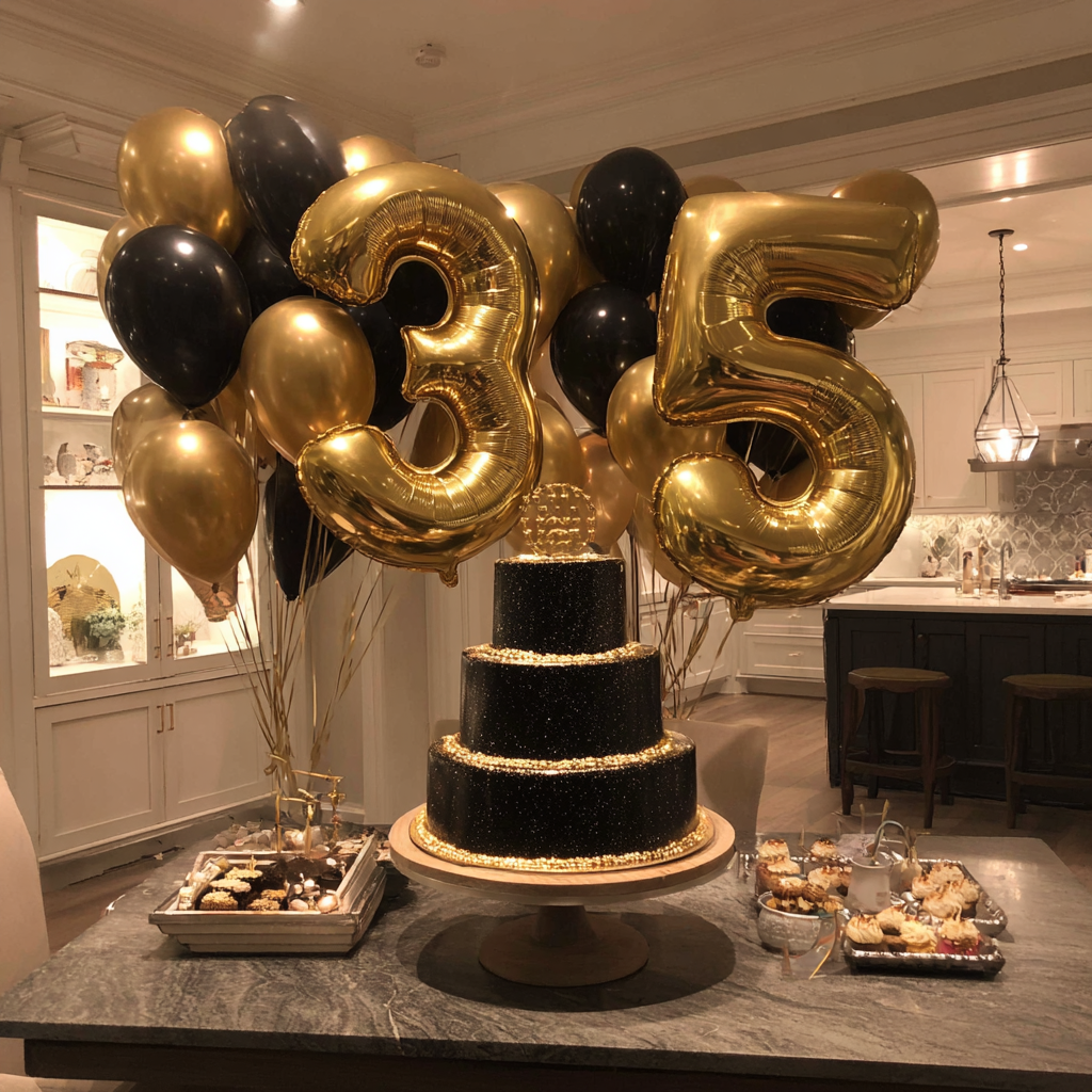 Montaje de una fiesta de cumpleaños en negro y dorado | Fuente: Midjourney