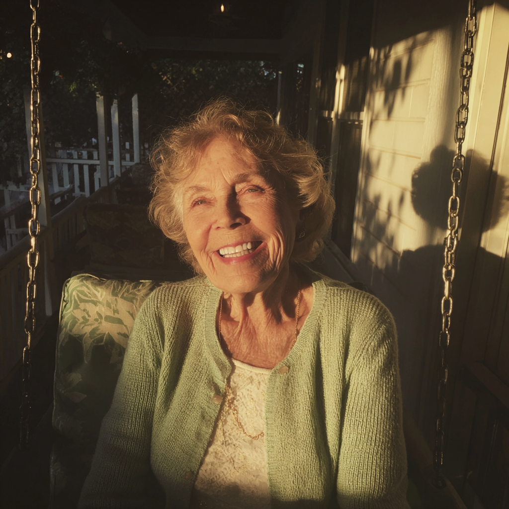 Una anciana sonriente sentada en el columpio de un porche | Fuente: Midjourney