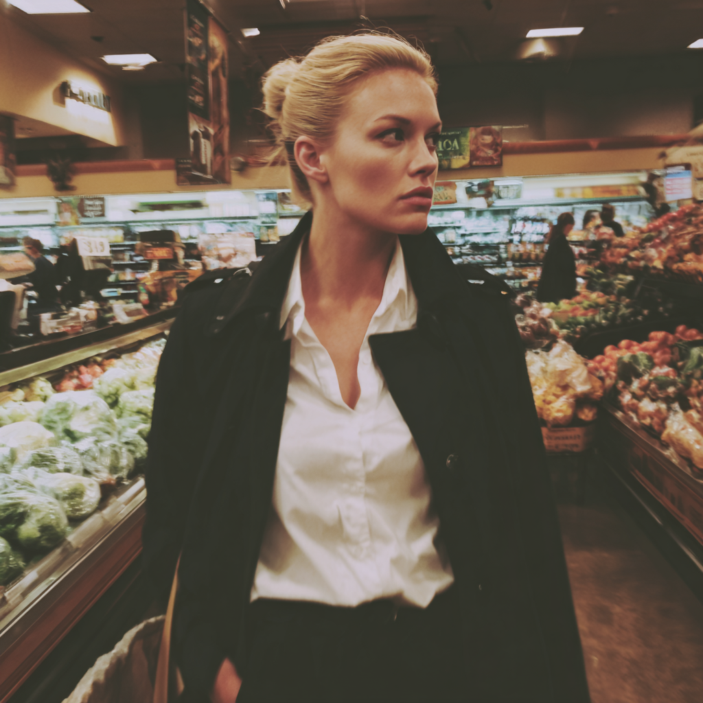 Una mujer molesta en una tienda de comestibles | Fuente: Midjourney