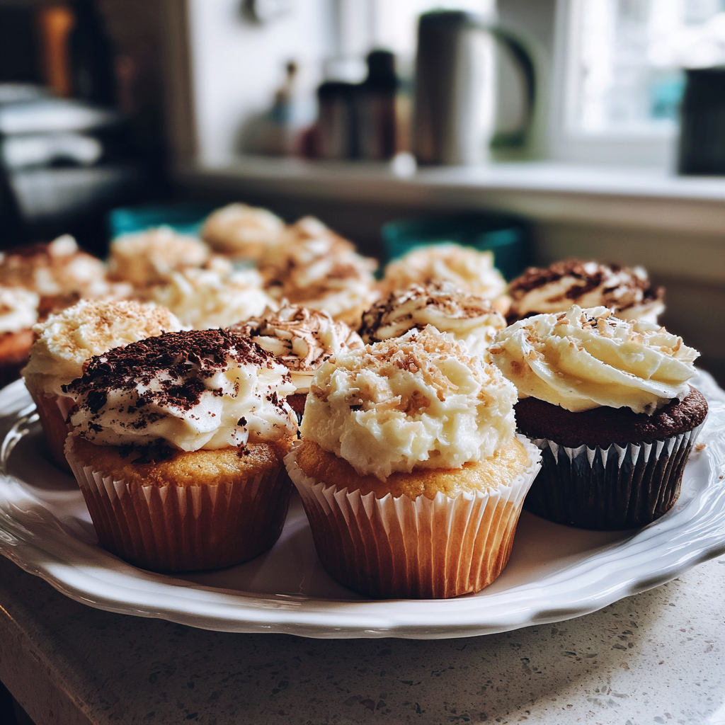 Un plato de cupcakes sobre una encimera | Fuente: Midjourney