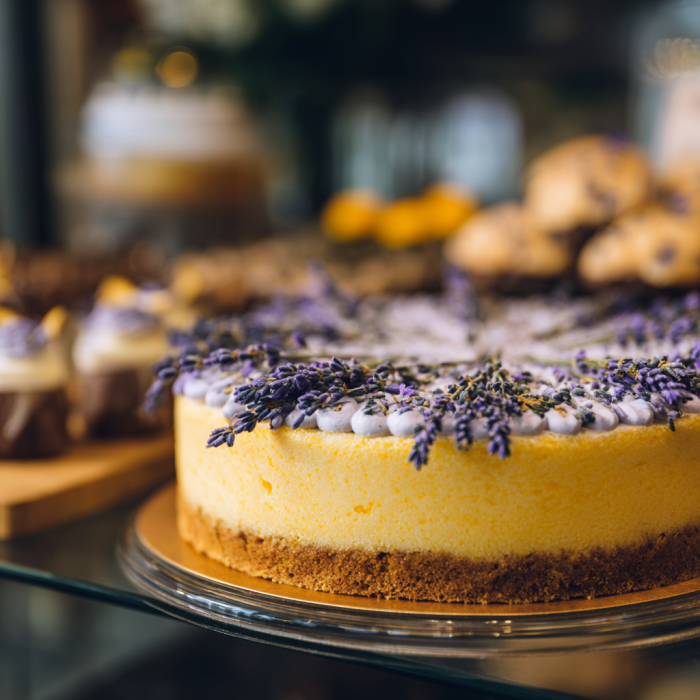 Primer plano de un pastel de limón y lavanda | Fuente: Midjourney