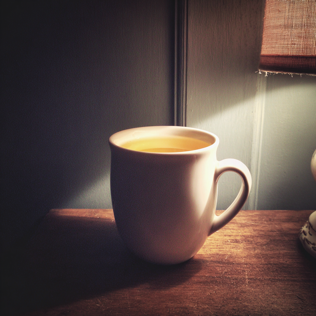 Una taza de té en una mesilla de noche | Fuente: Midjourney