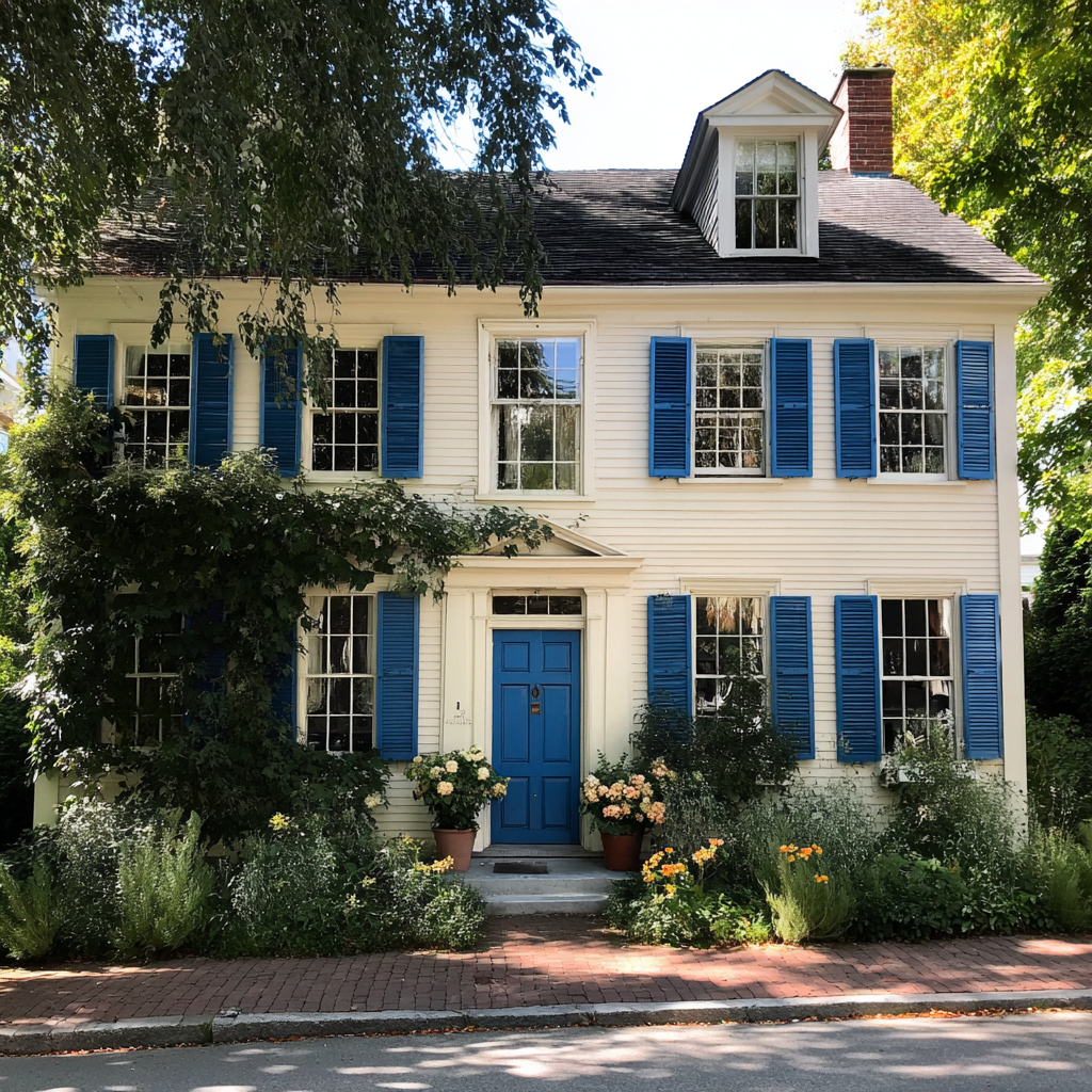 El exterior de una casa con contraventanas azules | Fuente: Midjourney